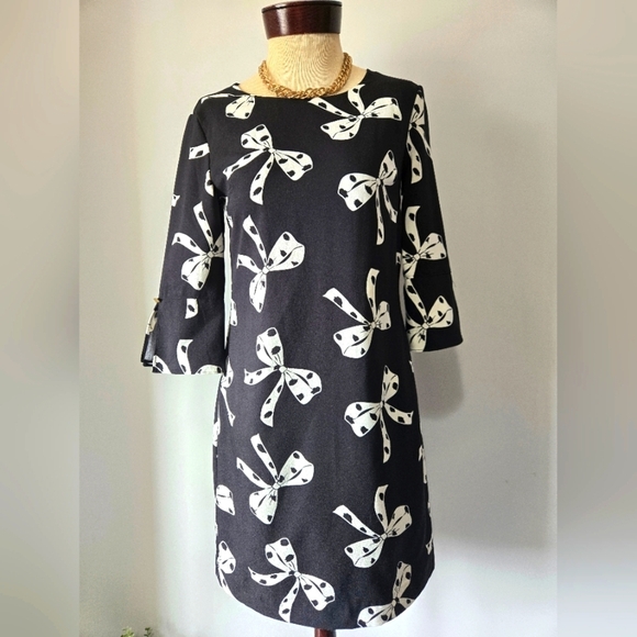 Banana Republic Factory Black And White Bow Dress 3/4 Bell Sleeve. Size 0 - Picture 1 of 13